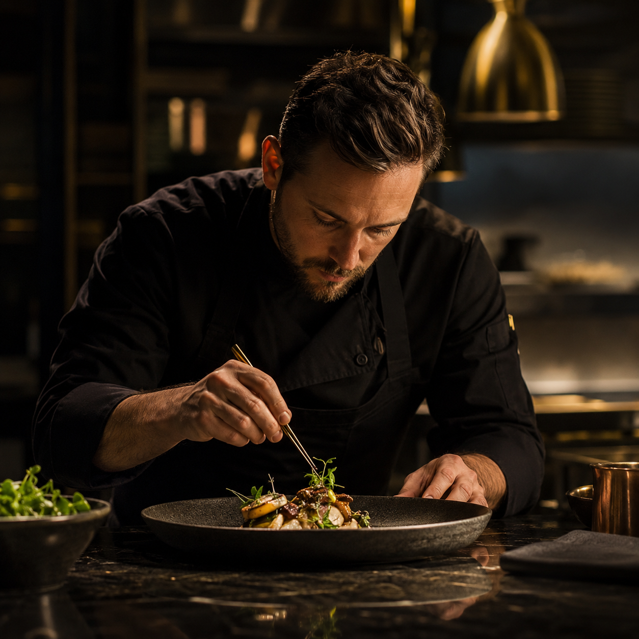 Chef plating a fine dining dish