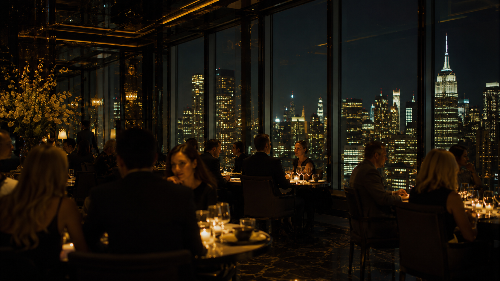 Luxury restaurant overlooking the New York skyline